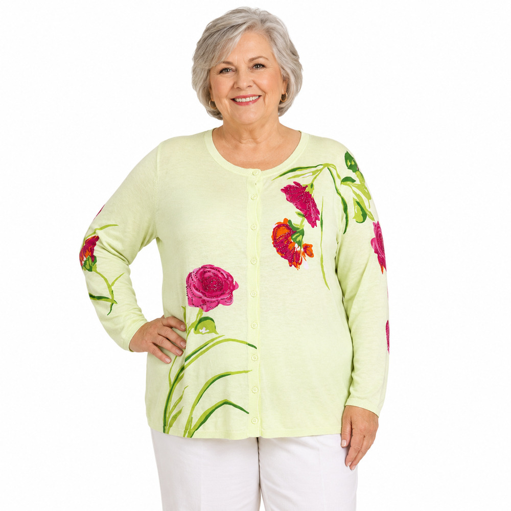 Quacker Factory Beaded Floral Light Green Pink Cardigan Sweater Womens sz 1X